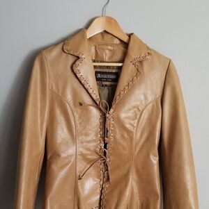Vintage tan leather bomber small‎